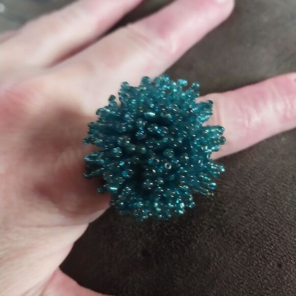 Elegant Teal Blue Beaded Statement Ring - Picture 3 of 5